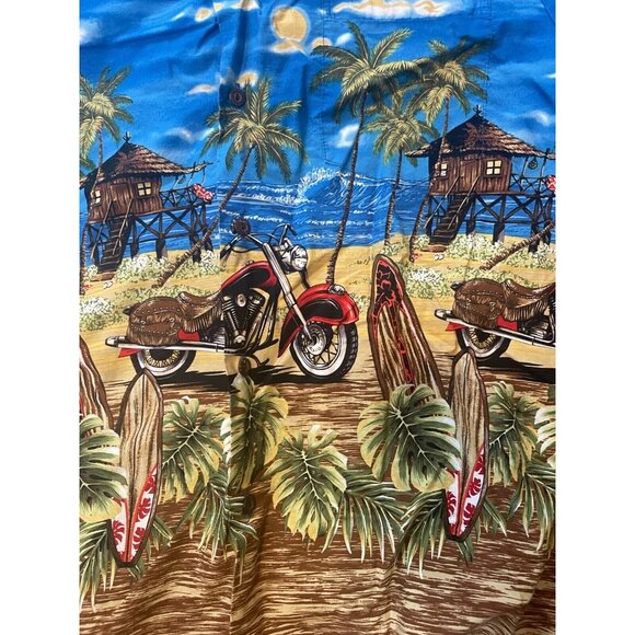 KY's Hawaii Blue Men's XL Hawaiian Shirt Motorcycle Ocean Beach Hut Scene - Picture 3 of 6